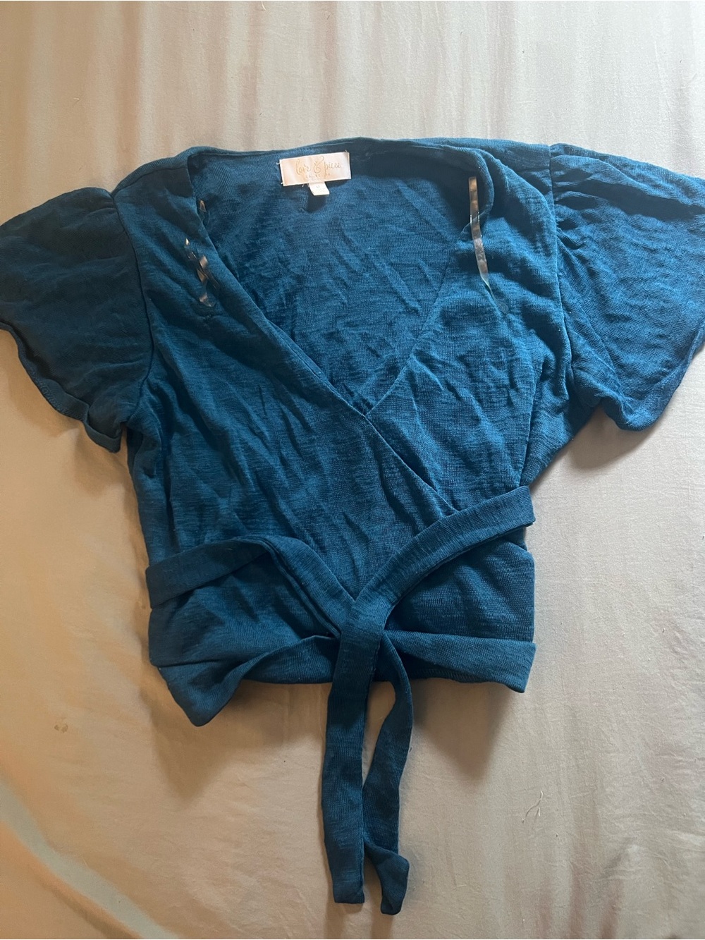Wrap-Front Short Sleeve Crop Top in Teal
